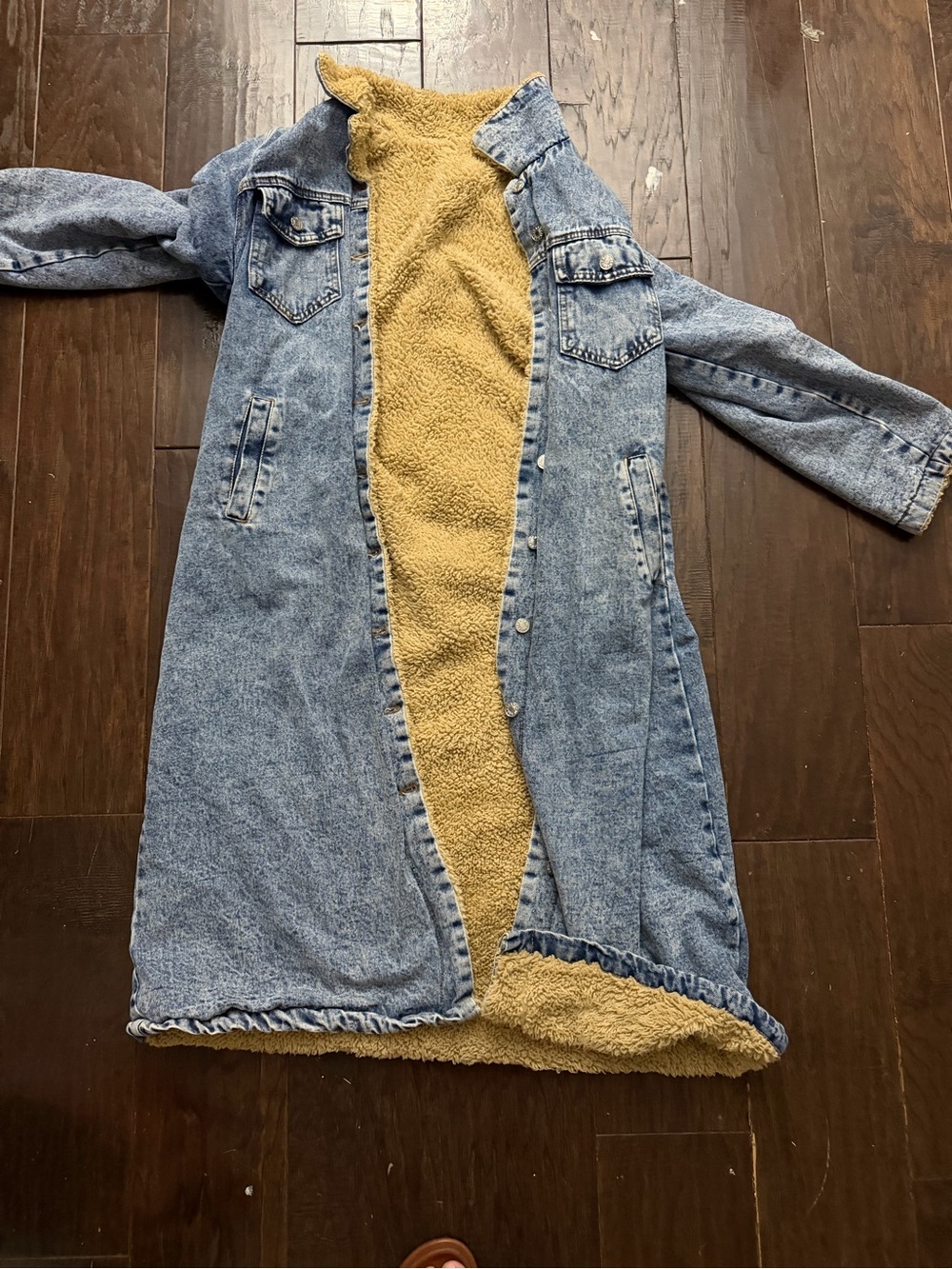 Denim Sherpa-Lined Long Coat - Light Blue with Mustard Lining